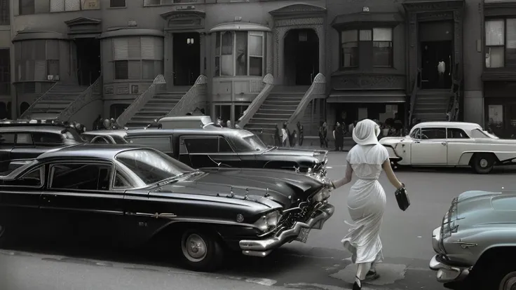 Arabian woman walking in front of a row of parked cars, New York in the 1960s, cinematic diane arbus, inspired By Ruth Orkin, inspired By Bruce Davidson, Bruce Davidson Photography, By Ruth Orkin, By Bruce Davidson, inspired by Vivian Maier, by Larry Fink,...