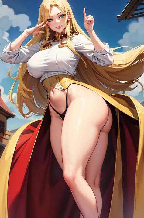 Woman saluting,Blonde,Long hair is thick,very red lips,Big Ass,Narrow waist,Long legs,Green Eyes Standing 8k(( A sloppy smile,The face we&#39;re looking for, Winking)), ,8k(( Anime Style, The facial expression is good, Anime Style緑色の眼, The facial expressio...