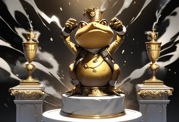 A golden trophy (a steam punk battle toad atop an urn in a victory pose) sitting on a plain white pedestal