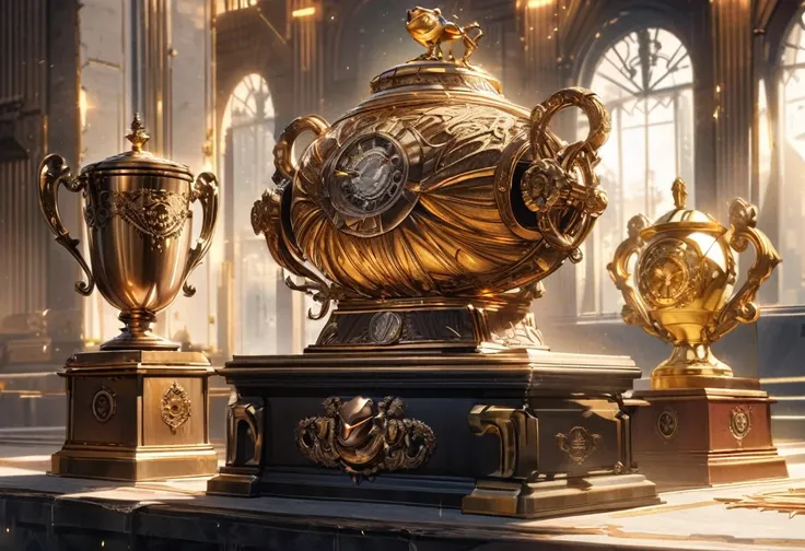 (best quality,highres),
a golden trophy,
steam punk style,
a battle toad,
atop an urn,
in a victory pose,
sitting on a plain white pedestal,
detailed texture on the trophy,
intricate gears and pipes on the steam punk style,
sharp focus on the battle toad,
...