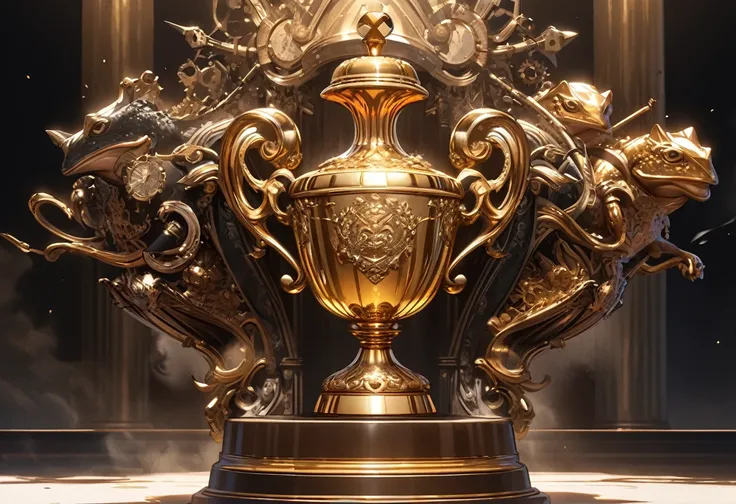 (best quality,highres),
a golden trophy,
steam punk style,
a battle toad,
atop an urn,
in a victory pose,
sitting on a plain white pedestal,
detailed texture on the trophy,
intricate gears and pipes on the steam punk style,
sharp focus on the battle toad,
...