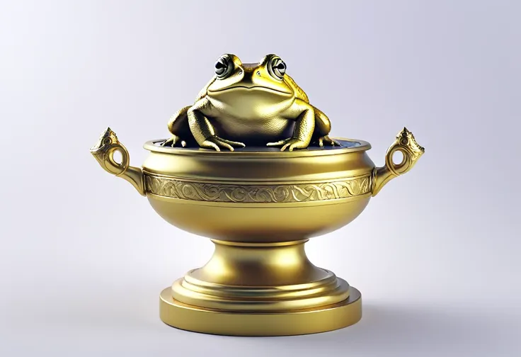 a golden trophy (a steam punk battle toad atop an urn in a victory pose) sitting on a plain white pedestal