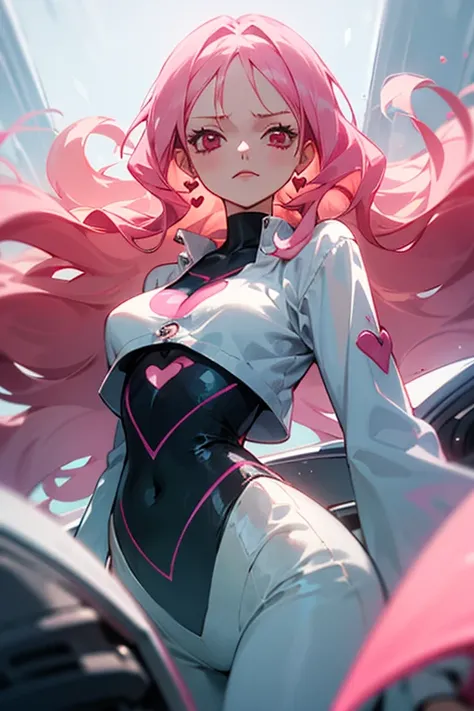 Alicy (One piece) A girl with long curly hair in the shape of a heart pink eyes light pink hair color futuristic and comfortable clothes a gentle expression