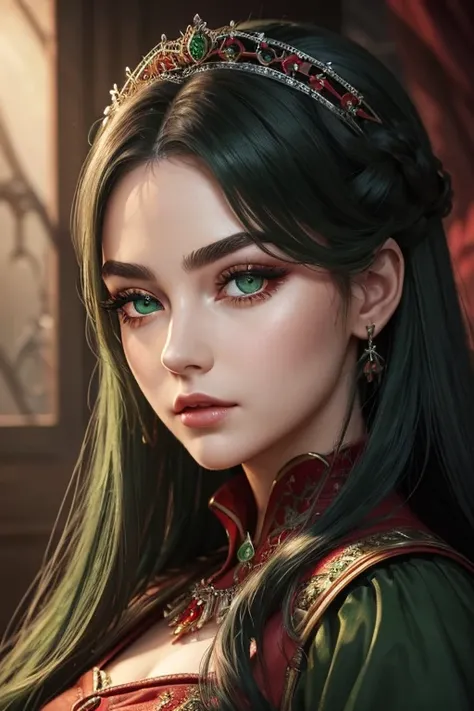 (highest quality, masterpiece:1.2), High resolution, Very detailed, Realistic:1.37, Fantasy, An illustration, Green Eyes、Queen, Red dress.Platinum decoration、beautifully、Eyeshadow Red、Thick eyebrows、Long eyelashes、pupils are black、Her hair is bright green