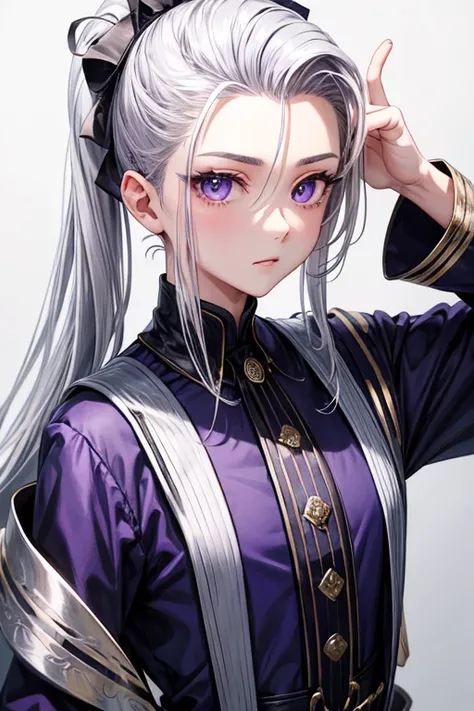 A hairstyle in which the entire hair is slicked back、Odd Eye、Silver hair back、male、Her hair is shoulder-length、Odd Eye、maleの左目赤色、male右目青、Purple coat、Increase the wide angle、Clear Eyes、Lightning Magic Circle