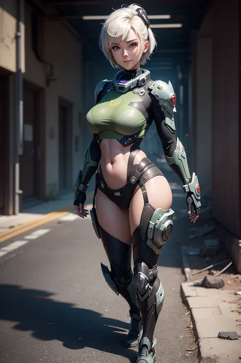 ((best quality)), ((Main Part)), (Very detailed: 1.3), ....3D, Shitu-mecha, whole body, 1 Beautiful woman, Smile, short hair, Wearing green mecha, (Standard snakeskin wick), (Claws on hands and feet), The ruins of a city from a forgotten war, Old Technolog...