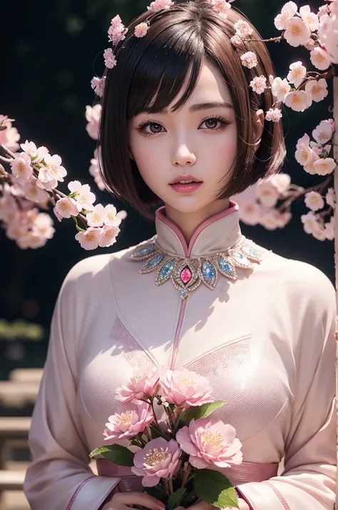 Beautiful Japan young woman, Wearing protective suits made of diamonds and sapphires, Thick symmetry features, Very short hair, Background with cherry blossoms, pink halo, Red lips, Octane Rendering,