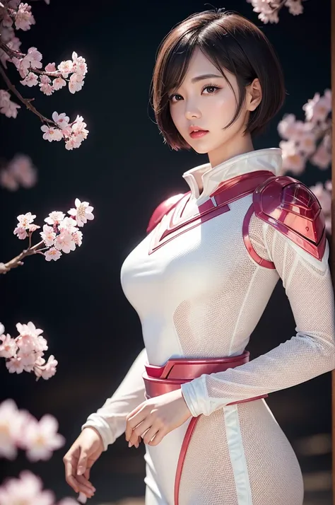 Beautiful Japan young woman, Wearing protective suits made of diamonds and sapphires, Thick symmetry features, Very short hair, Background with cherry blossoms, pink halo, Red lips, Octane Rendering,