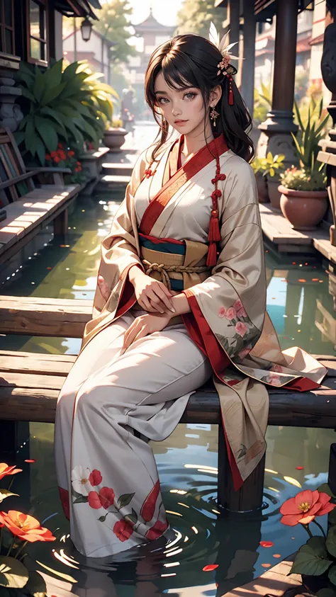 2D, Ancient style, Spring Garden, Outdoor, Gray Hair, Hanfu, nature, There is a pond in the middle of the courtyard, Begonia floating in the pond, Girl sitting on a bench in the hallway, Wearing a transparent feather robe, Holding a bamboo flute, Random po...