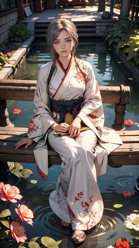 2D, Ancient style, Spring Garden, Outdoor, Gray Hair, Hanfu, nature, There is a pond in the middle of the courtyard, Begonia floating in the pond, Girl sitting on a bench in the hallway, Wearing a transparent feather robe, Holding a bamboo flute, Random po...