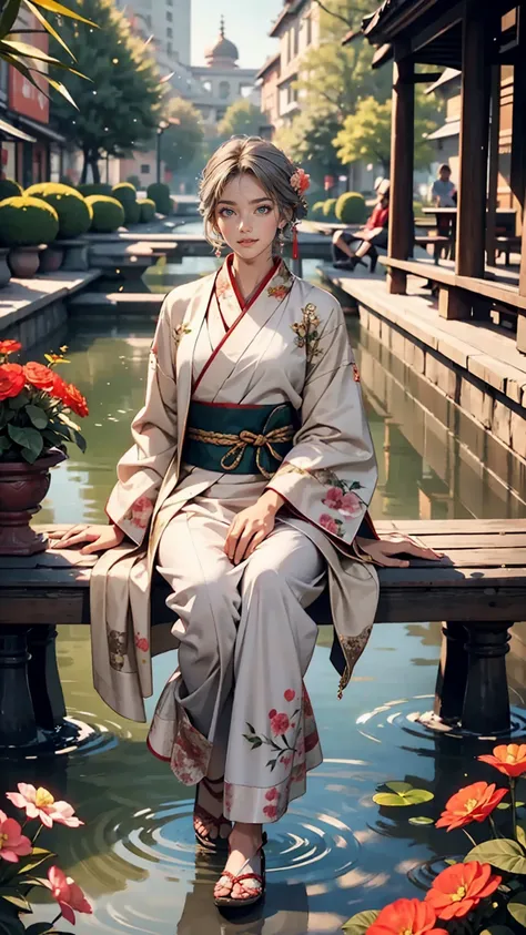 2D, Ancient style, Spring Garden, Outdoor, Gray Hair, Hanfu, nature, There is a pond in the middle of the courtyard, Begonia floating in the pond, Girl sitting on a bench in the hallway, Wearing a transparent feather robe, Holding a bamboo flute, Random po...