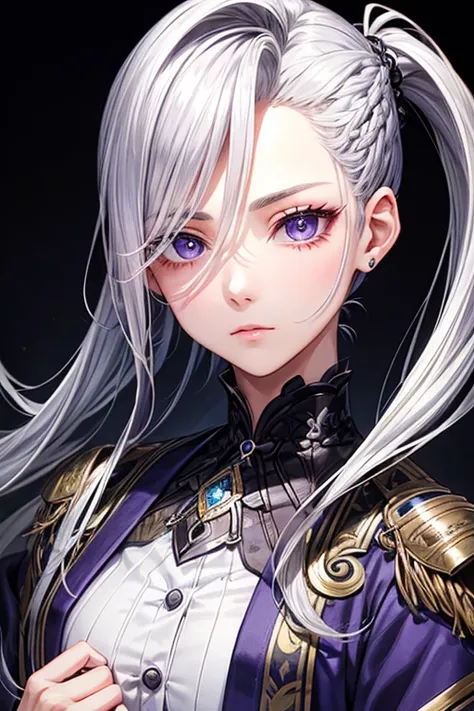 A hairstyle in which the entire hair is slicked back、Odd Eye、Silver hair back、male、Her hair is shoulder-length、Odd Eye、maleの左目赤色、male右目青、Purple coat、Increase the wide angle、Clear Eyes、