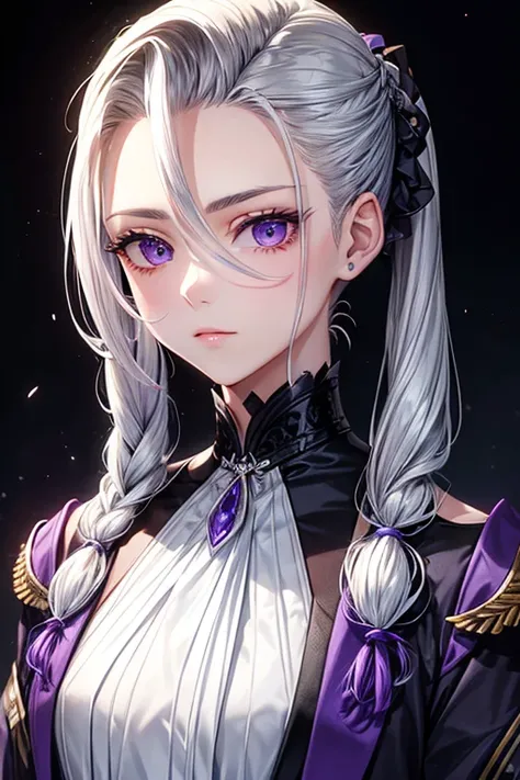 A hairstyle in which the entire hair is slicked back、Odd Eye、Silver hair back、male、Her hair is shoulder-length、Odd Eye、maleの左目赤色、male右目青、Purple coat、Increase the wide angle、Clear Eyes、