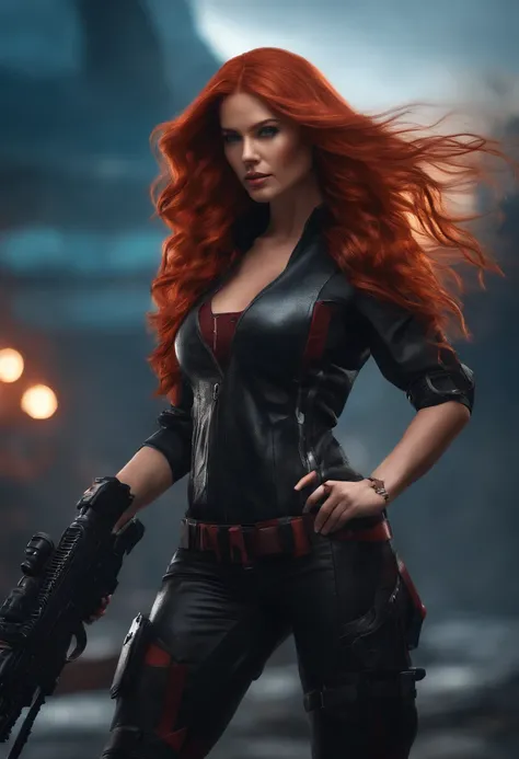 cryptic girl long wavy red hair, hand futuristic weapondary, sexy outfit, unreal engine, HD, hyper detailed, photo realistic, warzone baackground, inferno event