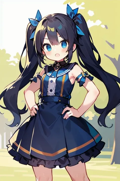 masterpiece, highest quality, Long Hair, Twin tails, Black Hair, blue eyes, Ruffled Dress, Elbow hand pockets, Outdoor, Hands on hips,