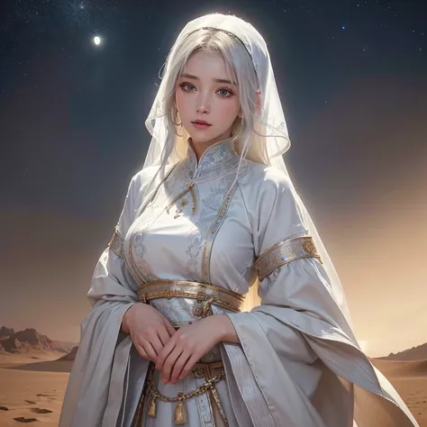 (highest quality、masterpiece、8k、Best image quality、Ultra-high resolution、Award-winning works)、A beautiful white-haired woman is looking at us from far in the desert, where a flood of light is streaming from the moon.、Ancient Islamic clothing、Beautiful face...