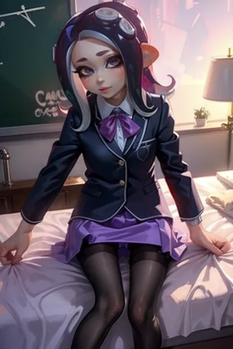 number 8、splatoon、purple hair、long hair、((pantyhose))、picture below、medium chest、bedroom、swimwear、((school uniform))、