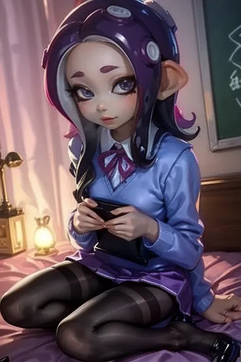 number 8、splatoon、purple hair、long hair、((pantyhose))、picture below、medium chest、bedroom、swimwear、((school uniform))、