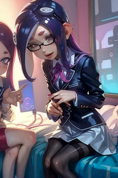 number 8、splatoon、purple hair、long hair、((pantyhose))、picture below、medium chest、bedroom、swimwear、((school uniform))、