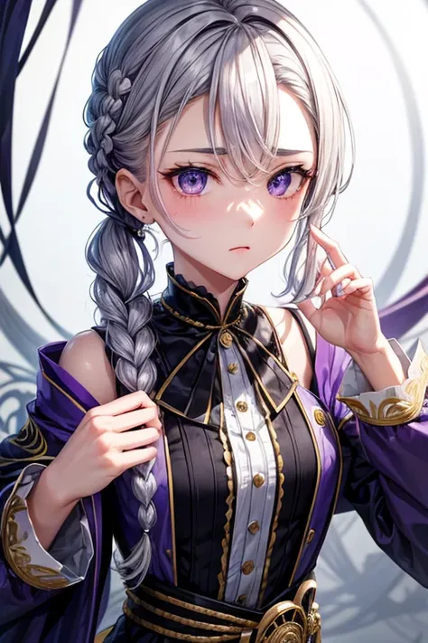 A hairstyle in which the entire hair is slicked back、Odd Eye、Silver hair back、male、Her hair is shoulder-length、Odd Eye、maleの左目赤色、male右目青、Purple coat、Increase the wide angle、Clear Eyeale性のイメージはこのまま、male性1人、