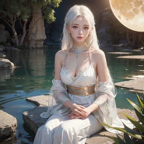 (highest quality、masterpiece、8k、Best image quality、Ultra-high resolution、Award-winning works)、A beautiful white-haired woman is looking at us from far in the the oasis surrounded by the desert, where a flood of light is streaming from the moon.、Ancient Isl...