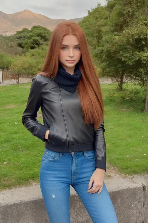 Editorial Photography 2000s style, a beautiful, gorgeous croatian girl with long ginger hair. Black leather jacket, sweater, skinny denim pants, scarf and riding boots, she carries a leather backpack with her. The air is clear, calm and quiet ambient, deta...