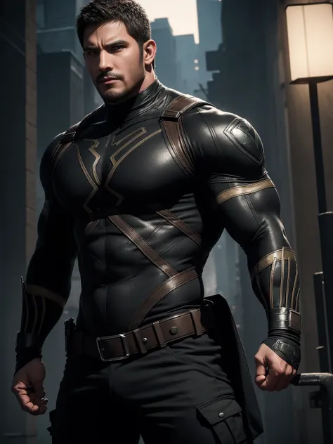 One Tall giant muscular police officer,  On the old-style outdoor streets, Wearing long-sleeved brown superhero Black Panther bodysuit, Elastic spandex material，The expression is arrogant, Lift your chin, Messy hair, Thick thighs, Brown Superhero Bodysuit ...