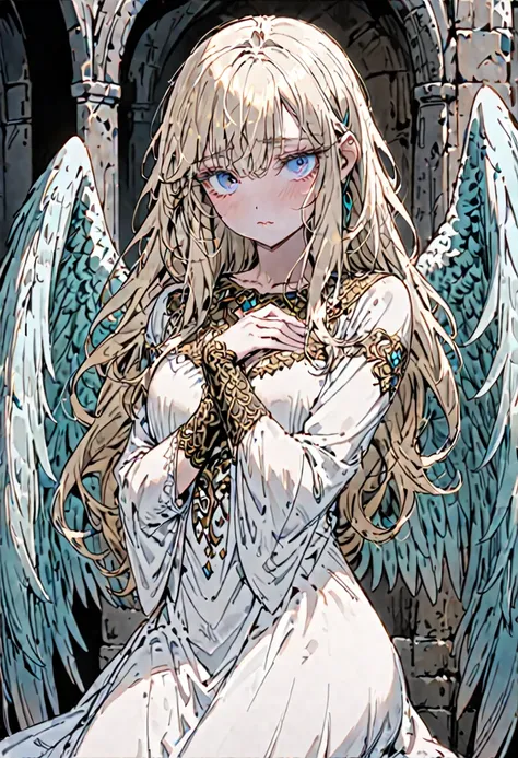 solo, female, sfw, warm, harem, medieval, harpy, large wings, pale blue wings, short, shy, turquoise eyes, thick lashes, curly blonde hair, long hair, , shy pose, white dress, medium shot