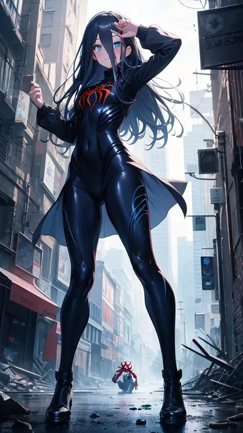 (full body),One girl,Standing in the ruins of a city,(8k),scratch,Detailed face,Dark blue eyes,Long Hair,Embarrassing,A small smile,expensive_resolution, expensive_meaning,battlefield,Brave pose,Dark colored suit,(Symbiote Spiderman Custom:1.1),