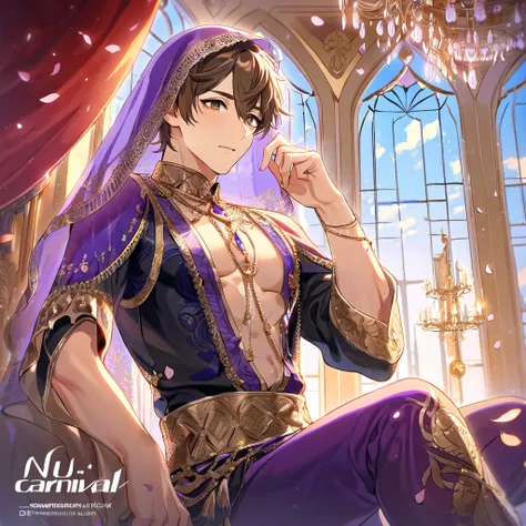 absurdres, highres, ultra detailed, HDR, master piece, best quality, perfect face, beautiful eyes, delicate features, Eiden, brown hair, expressive brown eyes, Nu Carnival, solo, man, handsome, bedlah clothes, purple pants, purple veil, window, castle, red...