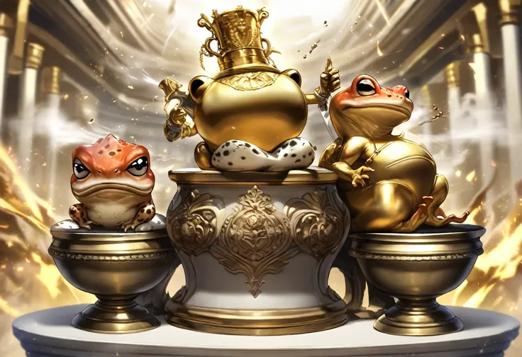 A golden trophy (a steam punk battle toad atop an urn in a victory pose) sitting on a plain white pedestal