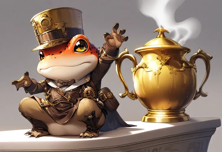 A golden trophy (a steam punk battle toad atop an urn in a victory pose) sitting on a plain white pedestal