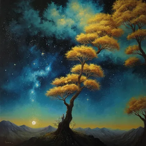 Description of the work:
Imagine uma paisagem celestial onde os elementos da natureza se fundem em perfeita harmonia. in the center of the composition, There is a majestic tree with golden leaves that shine like stars. The tree&#39;s branches stretch grace...