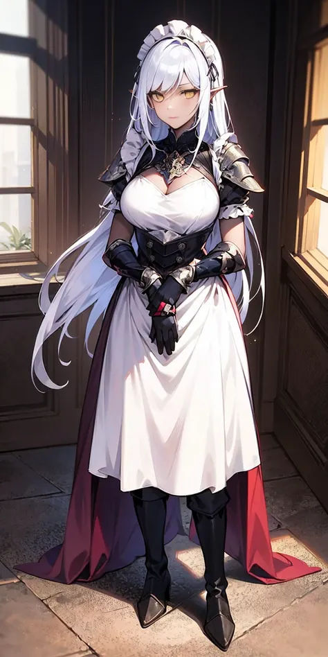 Full body standing straight symmetrical (mature female:1.4) (masterpiece, best quality) (maid, maid headdress, maid apron) indoors, window, best quality, high quality, dark black SKIN. Long messy hair, yellow eyes, full body, def_effie, blue breastplate, l...