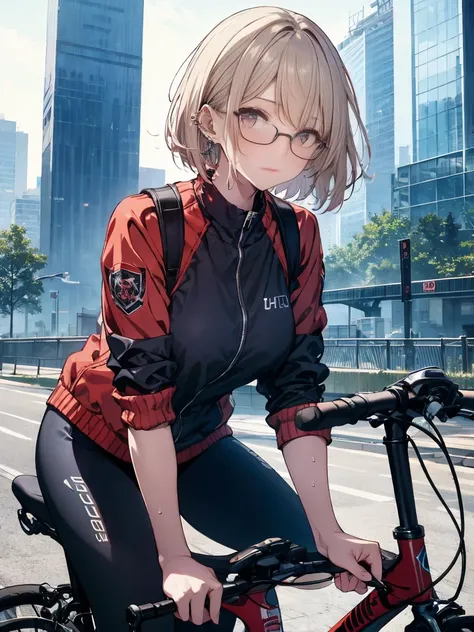 a short-haired girl wearing glasses and piercings is sweating and is resting while leaning forward after parking her cycling bik...