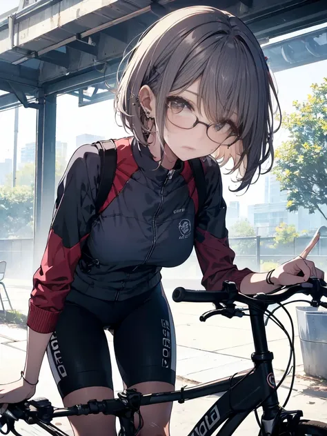 a short-haired girl wearing glasses and piercings is sweating and is resting while leaning forward after parking her cycling bik...