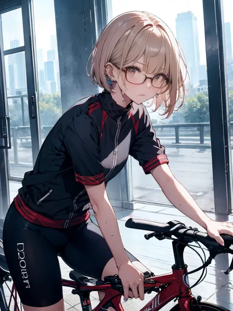 A short-haired girl wearing glasses and piercings is sweating and is resting while leaning forward after parking her cycling bike to the side, UHD, masterpiece, best quality