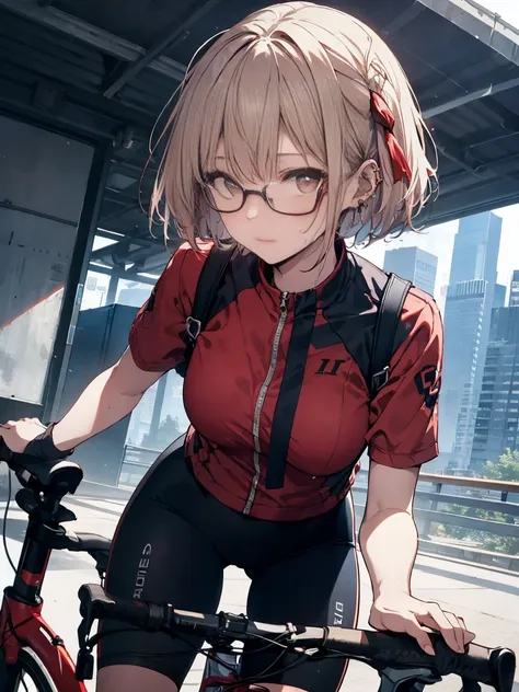 A short-haired girl wearing glasses and piercings is sweating and is resting while leaning forward after parking her cycling bike to the side, UHD, masterpiece, best quality