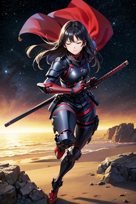 Anime Art,Full body portrait、Space SF Armored Warrior、A woman around 46 years old, 170cm tall, wearing red body armor, practicing Iaido.、Both eyes closed、Long black hair、gloves、Arm guard、Leggers、Flat chest