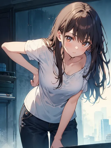 delicate colors, bright colors, beautiful, downblouse, loose t-shirt, leaning forward, brown hair, long hair, leaning forward, loose t-shirt, downblouse, illustration, cowboy shot, anime, UHD, masterpiece, high quality