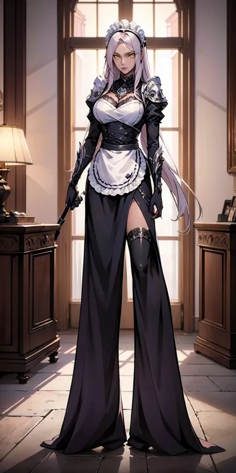 full body standing straight symmetrical (mature female:1.4) (masterpiece, best quality) (maid, maid headdress, maid apron) indoo...