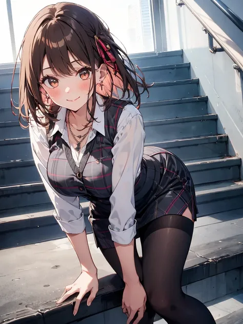 1 girl, brown hair, office lady, large breast, wearing a pink plaid vest, wear a white shirt, gray pencil skirt, wear black tights, necklace, earrings, cute face, smile, blushing, brown hair, sitting on the top of the stairs, leaning forward, front view, U...