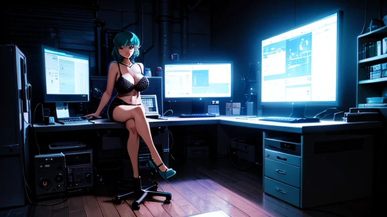 (perfect composition), (high resolution, masterpiece, ultra best quality, insanely amazing hyper fine extremely detailed, official:1.4)( full body, 80s horny milf hacker anime girl in lingerie sitting at a desk with a vintage computer, seductive hacker ani...