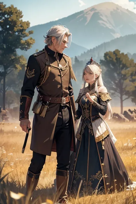 fantasy old king and old queen in a battlefield. Open burning field.