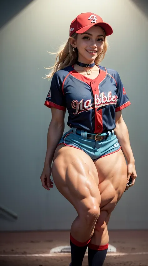 (Muscular:2.2), (thick thighs:2.2), 
(blonde woman, pale skin, beauty mark, freckles), blunt bangs, long hair, 
eyeshadow, earrings, red lipstick, glasses,
detailed eyes, (big smile:1.5), detailed skin,
(flat chest:1.5),
(choker, baseball outfit, baseball ...