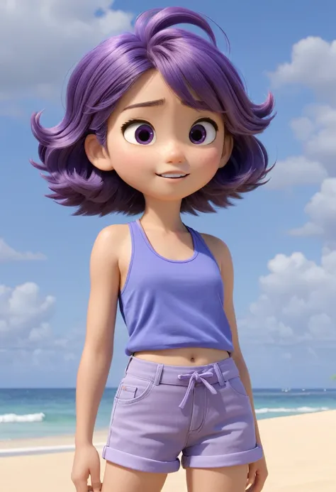 Une Japonaise de 14 ans, cheveux violet, collier bleu, Grey tank top, agonisant dans un sable mouvant 3d Pixar, (best quality, 4k, 8k, High resolution, chef-d&#39;artwork:1.2), Ultra-detailed, (Realistic, photoRealistic, photo-Realistic:1.37),Jungle, swamp...