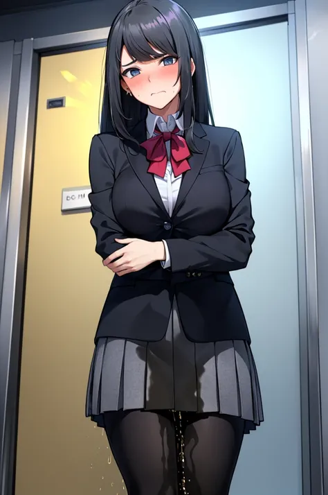 A woman with very long black hair and (very long bangs:1.5), wearing a  and skirt, blazer, pantyhose, standing. The artwork is inspired by manga and incorporates a doujin style. The woman appears to be (wetting herself:1.5), which causes her to feel embarr...