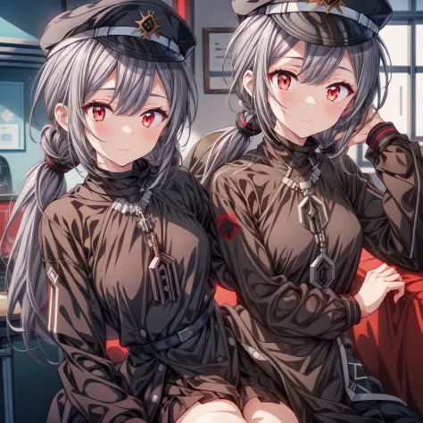 1girl, roze, red eyes, grey hair, , low twintails, long hair, black military uniform, peaked cap,
indoors, military base,