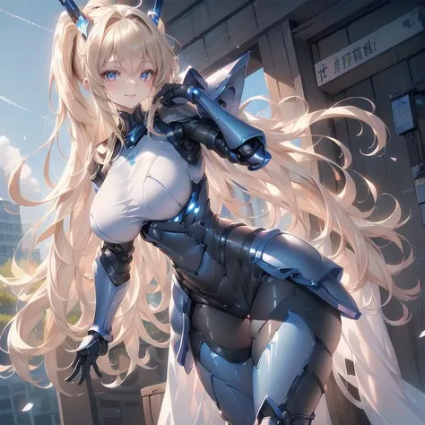 ((One Girl:1.5),(Blue cybernetic body:1.5),Big ample breasts,(Mech armor:1.5)),(armor:1.9)(Best image quality, Great details, Ultra-high resolution, Best illustrations, Favorite Details, Highly concentrated girl,Laughter、(in front:1.5),(dynamic:1.5),(bold:...