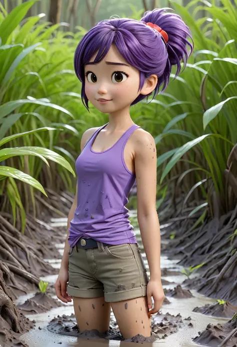 Une Japonaise de 14 ans, cheveux violet, collier bleu, Grey tank top, coincer dans un muddy swamp lui venant jusquà la taille 3d Pixar, (best quality, 4k, 8k, High resolution, chef-d&#39;artwork:1.2), Ultra-detailed, (Realistic, photoRealistic, photo-Reali...